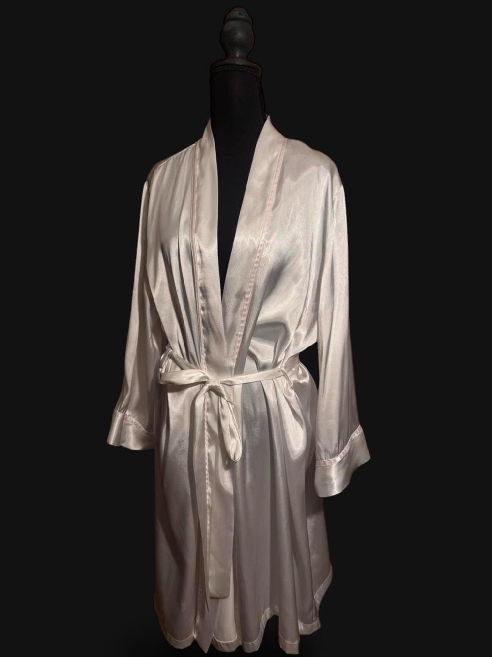 Linea Donatella White with Pink Lining  Satin Tie-Waist Robe